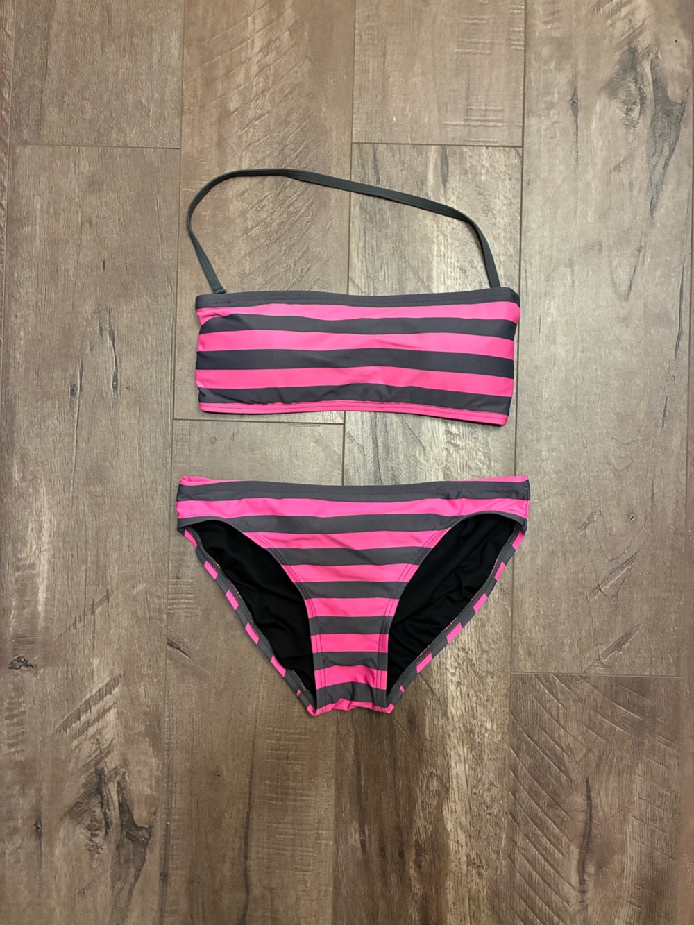 DKNY Pink and Charcoal Striped Bandeau Bikini Set